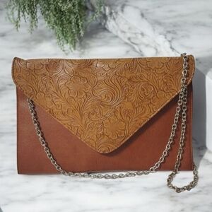 Tooled Leather Envelope Crossbody Bag in Tan
